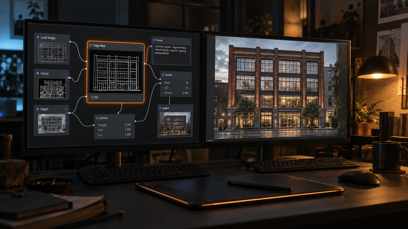 Dwa ekrany: po lewej mapa krawędzi elewacji w węźle workflow, po prawej gotowy render o tym samym rytmie okien