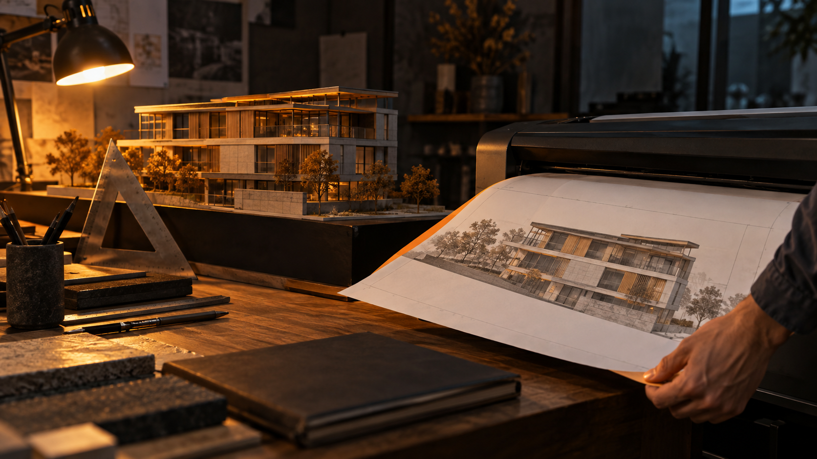 Wydruk elewacji wysuwany z plotera i zgodny z nim makieta budynku na stole architekta