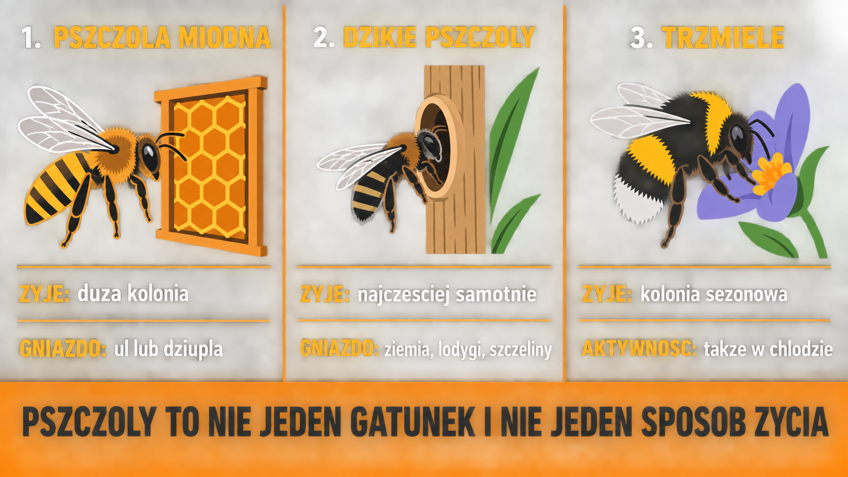 Infografika porównująca pszczołę miodną, dzikie pszczoły samotnice i trzmiele
